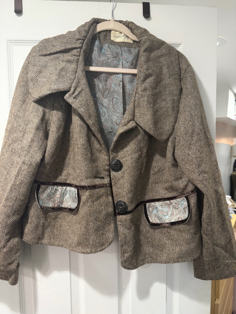 Brown Tweed Women's Jacket with Paisley Trim